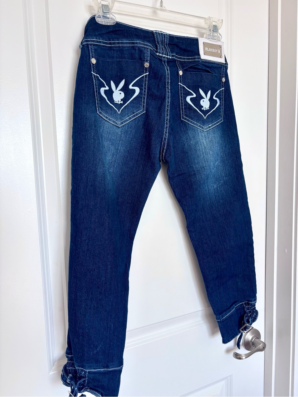 Vintage Playboy Bunny Logo Capri Jeans Y2K McBling Low Rise Dark Wash Size 27